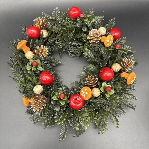Vintage MCM Plastic Christmas Fall Wreath Apple Flocked Mushroom Pinecone Berry - Picture 1 of 14